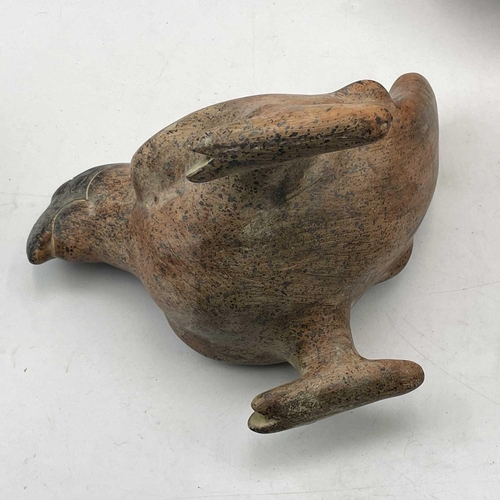 870 - A Pre Columbian style pottery jug in the form of a parrot height 16cm together with two pottery jugs... 