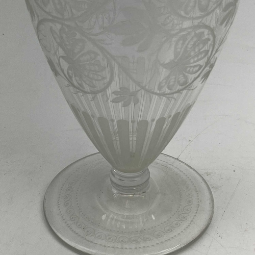 891 - A Victorian etched glass Champagne ewer, with Greek key and anthemion borders and decorated trailing... 