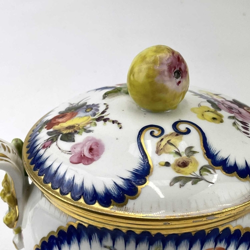 901 - A Sevres? soft paste porcelain ecuelle and cover, circa 1760, with apple knop and floral painted pan... 