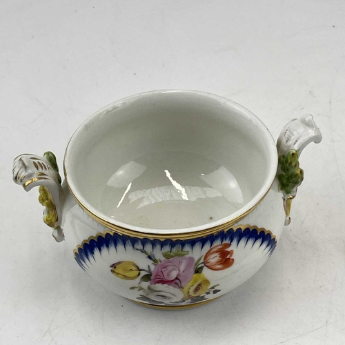 901 - A Sevres? soft paste porcelain ecuelle and cover, circa 1760, with apple knop and floral painted pan... 