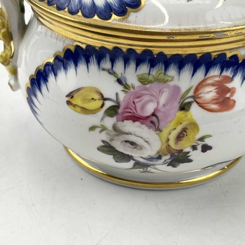 901 - A Sevres? soft paste porcelain ecuelle and cover, circa 1760, with apple knop and floral painted pan... 