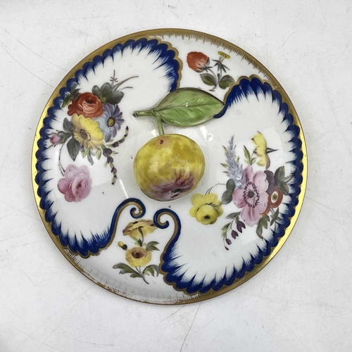 901 - A Sevres? soft paste porcelain ecuelle and cover, circa 1760, with apple knop and floral painted pan... 