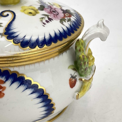 901 - A Sevres? soft paste porcelain ecuelle and cover, circa 1760, with apple knop and floral painted pan... 