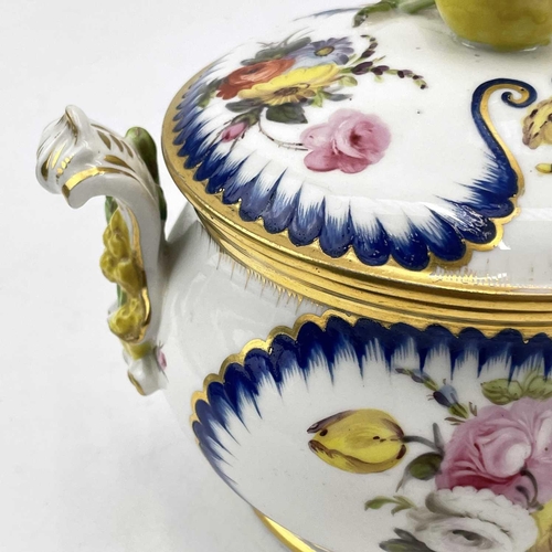 901 - A Sevres? soft paste porcelain ecuelle and cover, circa 1760, with apple knop and floral painted pan... 