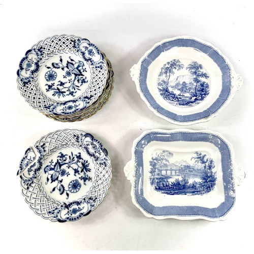 915 - Eight Meissen blue and white onion reticulated plates, diameter 20.5cm together with two Davenport d... 