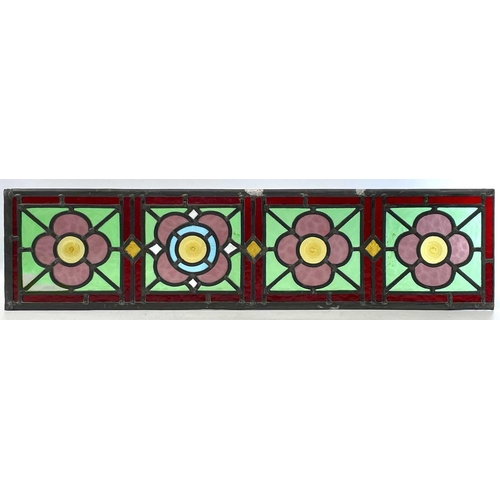 94 - A set of four Edwardian stained glass panels, each with four quatrefoils, 75X18.5cm, together with f... 