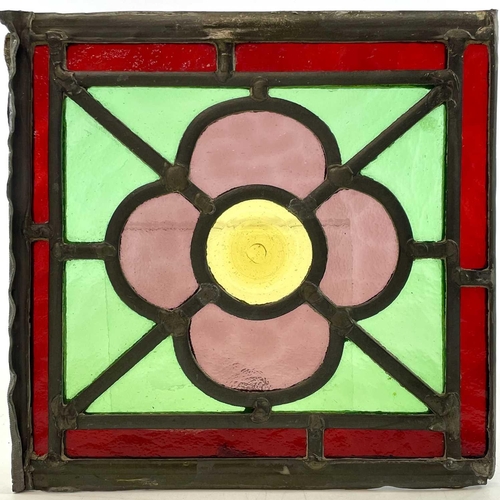 94 - A set of four Edwardian stained glass panels, each with four quatrefoils, 75X18.5cm, together with f... 