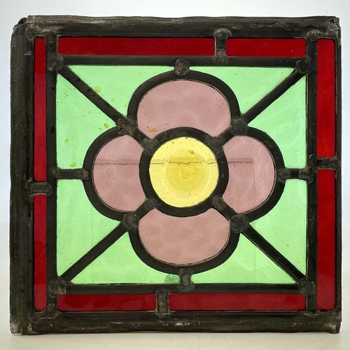 94 - A set of four Edwardian stained glass panels, each with four quatrefoils, 75X18.5cm, together with f... 