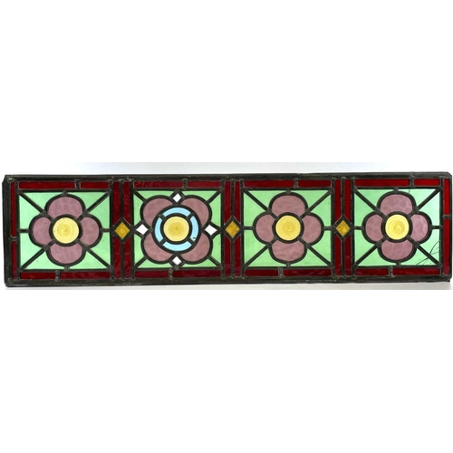 94 - A set of four Edwardian stained glass panels, each with four quatrefoils, 75X18.5cm, together with f... 