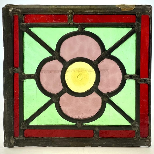 94 - A set of four Edwardian stained glass panels, each with four quatrefoils, 75X18.5cm, together with f... 