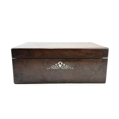 95 - A Victorian rosewood and mother of pearl inlaid writing box, with fitted interior including two inkw... 