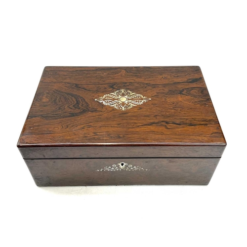 95 - A Victorian rosewood and mother of pearl inlaid writing box, with fitted interior including two inkw... 