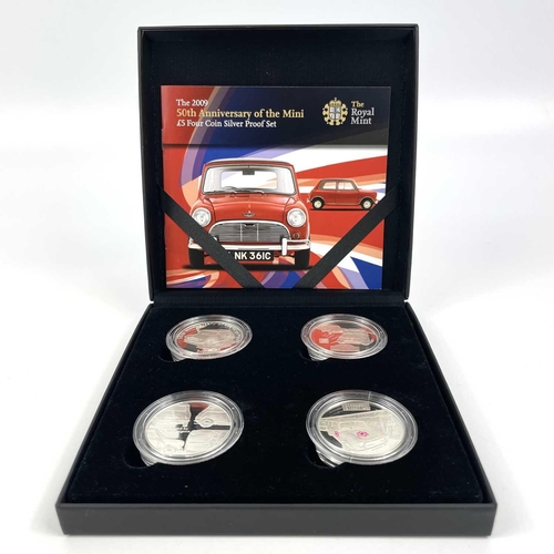 120 - Alderney 50th Anniversary of the Mini 4x £5 Royal Mint 2009 Silver Proof Coin Set of 4x £5 coins. Co... 