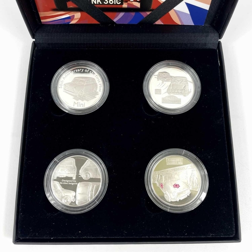 120 - Alderney 50th Anniversary of the Mini 4x £5 Royal Mint 2009 Silver Proof Coin Set of 4x £5 coins. Co... 