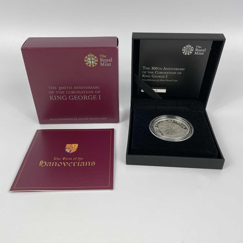 122 - Alderney Royal Mint Silver Proof £5 Coins x3 Comprising: 1: 2014 70th anniversary of D-Day £5 coin w... 