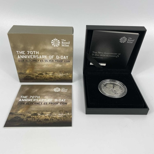 122 - Alderney Royal Mint Silver Proof £5 Coins x3 Comprising: 1: 2014 70th anniversary of D-Day £5 coin w... 