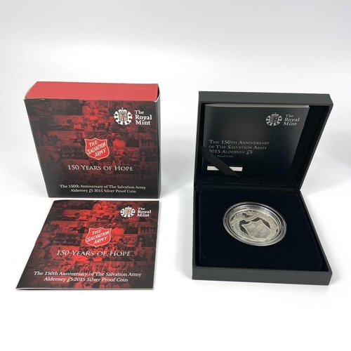 123 - Alderney Royal Mint Silver Proof £5 Coins x 3 Comprising: 1: 2015 150th anniversary of the Salvation... 