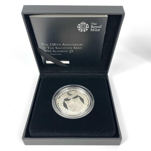 123 - Alderney Royal Mint Silver Proof £5 Coins x 3 Comprising: 1: 2015 150th anniversary of the Salvation... 