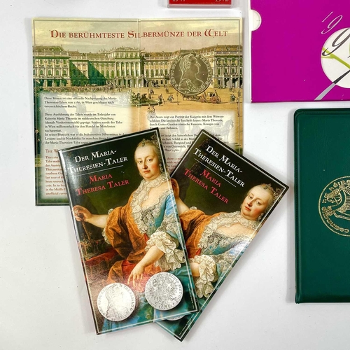 13 - World Silver and other coinage. Comprising: 1. 3 x Silver Marie Therese Taler in sealed presentation... 