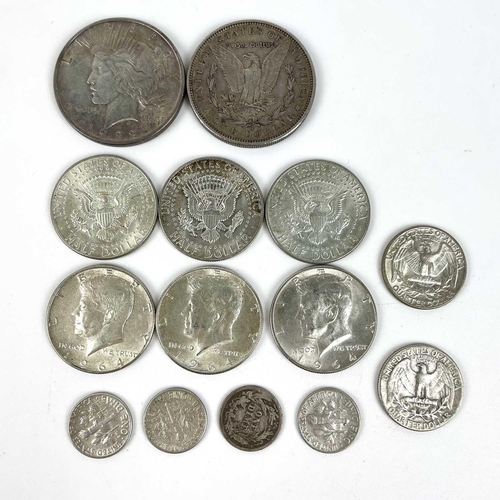 149 - Silver USA & Canada Coinage. Comprising: 1: USA 1880 S Morgan Dollar, 1922 Peace Dollar, 6x 1964 Ken... 