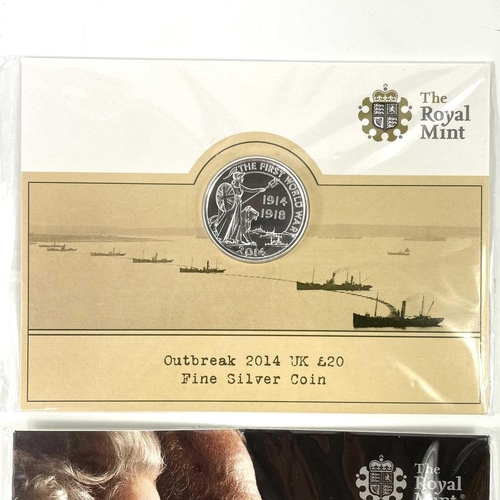 15 - G.B. Fine Silver £20 coins (x2) plus £50 coin. Comprising Royal Mint 2014 and 2017 Fine silver £20 c... 