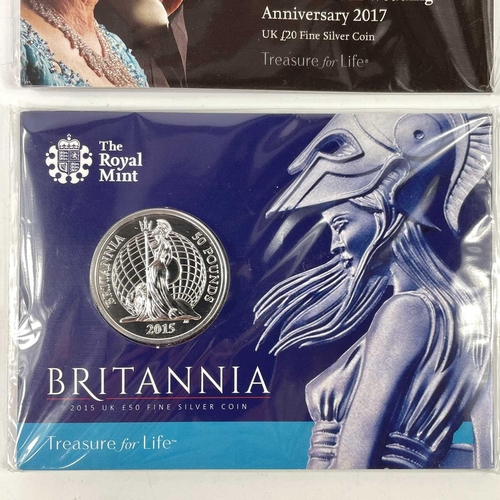 15 - G.B. Fine Silver £20 coins (x2) plus £50 coin. Comprising Royal Mint 2014 and 2017 Fine silver £20 c... 