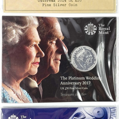 15 - G.B. Fine Silver £20 coins (x2) plus £50 coin. Comprising Royal Mint 2014 and 2017 Fine silver £20 c... 