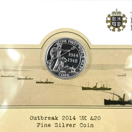 16 - G.B. Fine silver £20 coin plus £100 coin. Comprising Royal Mint 2014 Fine Silver £20 coin plus a 201... 