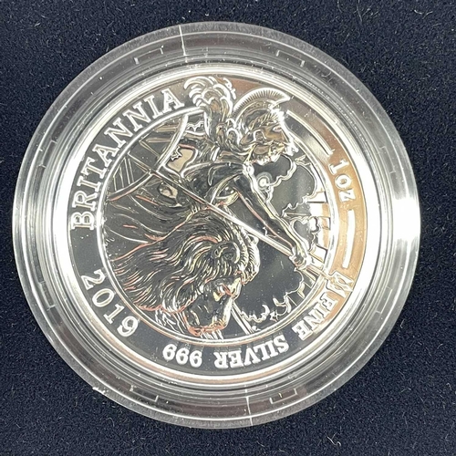 23 - G.B. Silver Bullion Britannia £2 coins (x5). Comprising 2014, 2016, 2017, 2019, 2020 all but 2016 in... 