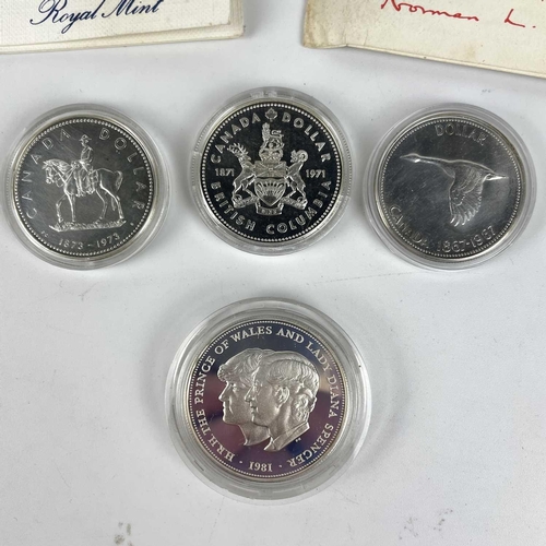 230 - Silver Great Britain Crowns, Canada Dollars & Silver Medallion. Comprising 2x Charles & Diana weddin... 