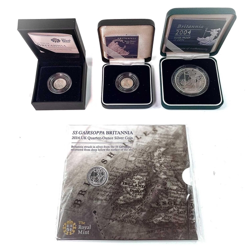 24 - G.B. Silver Bullion Britannia Various Coins (x4). Comprising 2007 silver proof 20p coin, 2010 1/10th... 