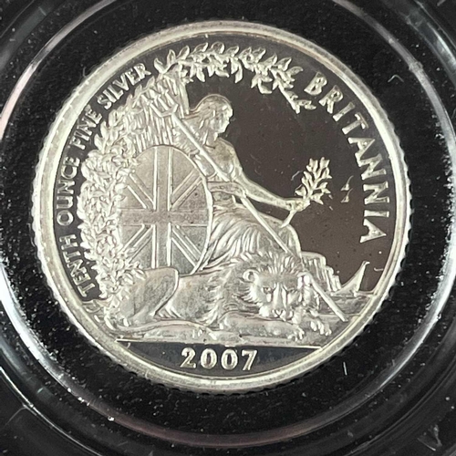 24 - G.B. Silver Bullion Britannia Various Coins (x4). Comprising 2007 silver proof 20p coin, 2010 1/10th... 