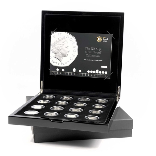 240 - Great Britain Royal Mint UK 50 Pence Cased Silver Proof Collection of 16 Coins 40th Anniversary 1969... 