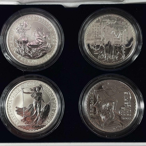 25 - G.B. Silver Bullion Britannia Cased Set of 4 Coins. Comprising 1999, 2001, 2002, 2003 £2 coins depic... 