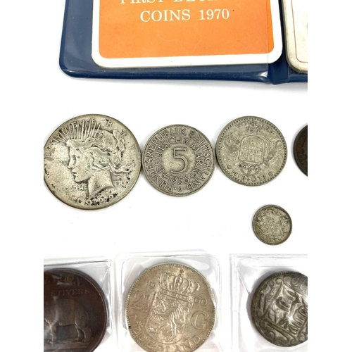 258 - Foreign Silver and Other Coinage. Comprising: Worn 1922 USA Dollar, Netherlands 1960 2 1/2 Guilder, ... 