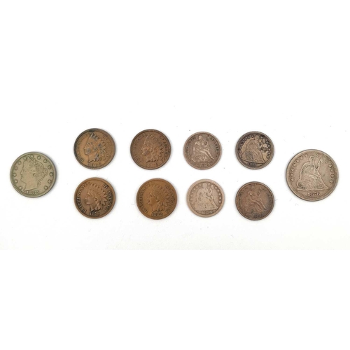 277 - USA 1850's to 1880's coinage. (x10) Comprising: 1 cent: 1879, 1882, 1886, 1889. 5 cent: 1887. Dime/1... 