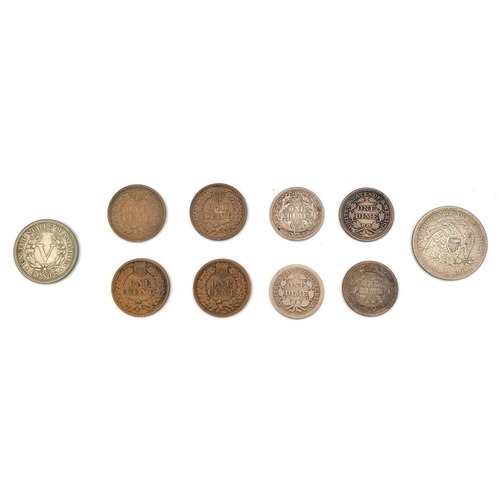 277 - USA 1850's to 1880's coinage. (x10) Comprising: 1 cent: 1879, 1882, 1886, 1889. 5 cent: 1887. Dime/1... 