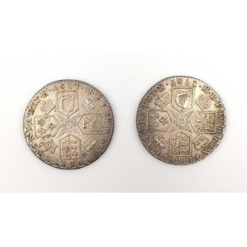 279I - Great Britain George III Silver 1/- (x2). Comprising 1787 George III Shillings - one with semee of h... 