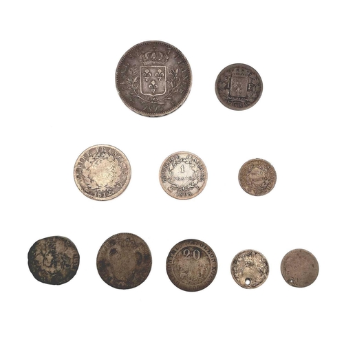 280K - France - Early 19th Century Louis XVIII & Napoleon Era Silver Coinage (x10). Comprising: Louis XVIII... 