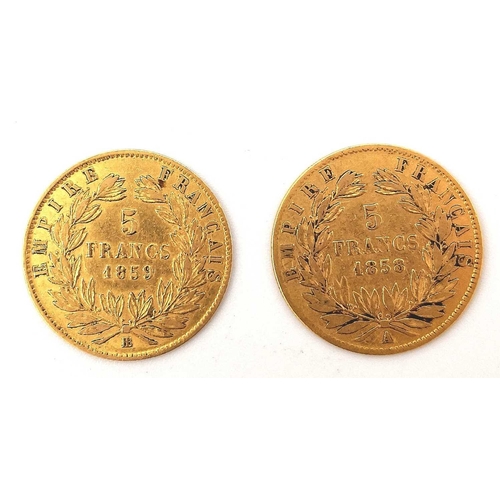 280N - FRANCE - Napoleon lll Gold 5 Francs (x2) 1858A and a 1859A 5 Franc 0.9 purity. Total 2 coins