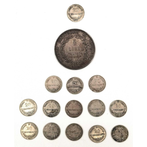 280R - Mid 19th Century Italy Silver Coinage. Comprising 1 large 1848M Revolutionary Provisional Government... 