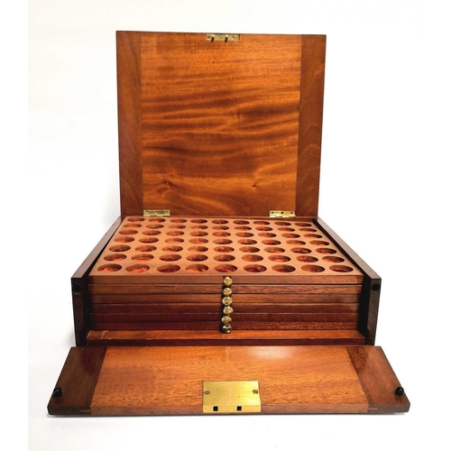 280X - Wooden Coin Cabinet A fine mahogany brass hinged & handled six tray coin cabinet with 238 varying si... 