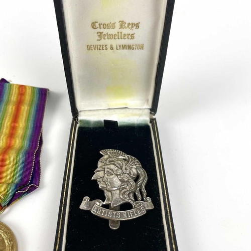 302 - World War One Medal Pair. Awarded to PAYR.S. Lt. F. Rowe R.N.R. together with an Artists Rifles Cap ... 