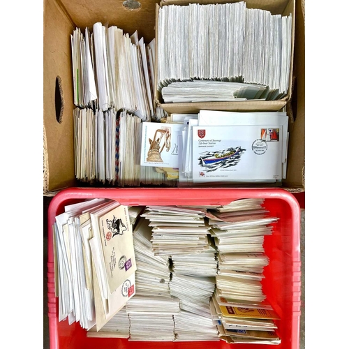 519 - Special Event Postal Covers. A banana box and a red tub containing in excess of 2000 stamped postal ... 