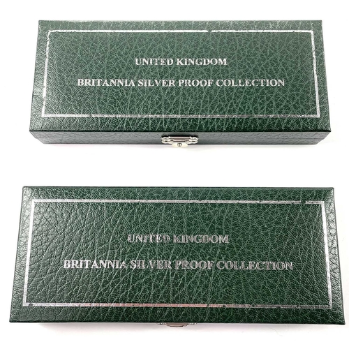 56 - 2005 & 2007 Royal Mint Great Britain cased Silver proof Britannia collection of 4 coins (x2). Each c... 