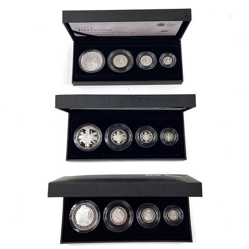 58 - 2010, 2011 and 2012 Royal Mint Great Britain cased silver proof Britannia Collection of 4 coins (x3)... 