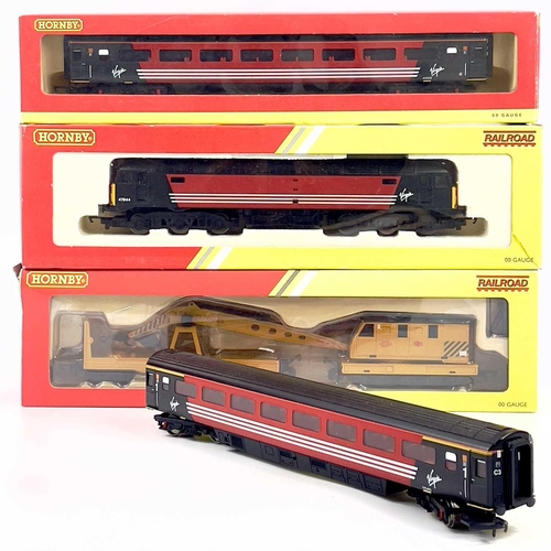 607 - Hornby 00 Railway Virgin Livery Class 47 Diesel plus 2 Coaches. Comprising: 1: R2677 boxed Hornby Vi... 