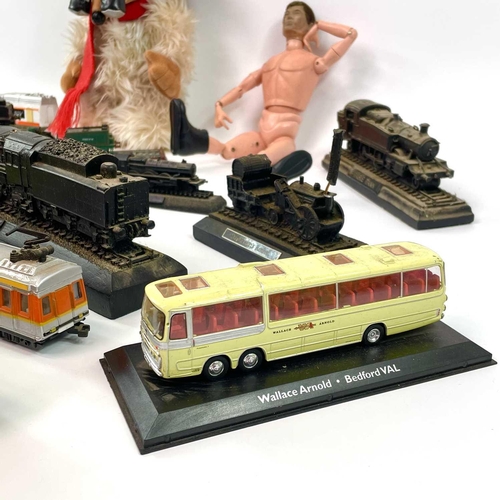 653 - Railway, Buses, Womble Figure etc. Comprising 6 black railway engines on plinths cast in attractive ... 