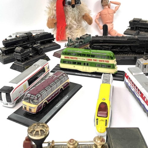 653 - Railway, Buses, Womble Figure etc. Comprising 6 black railway engines on plinths cast in attractive ... 