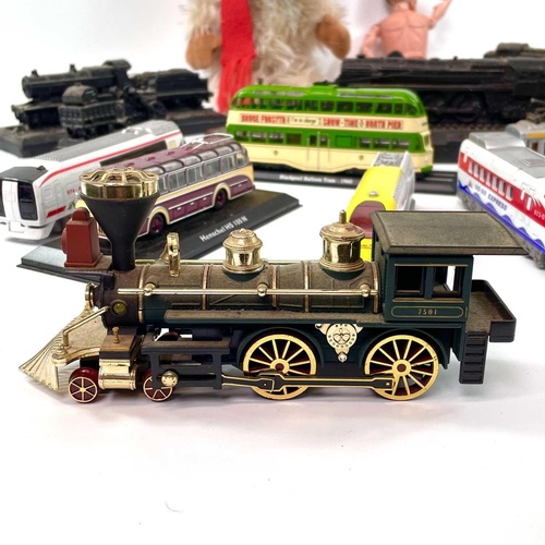 653 - Railway, Buses, Womble Figure etc. Comprising 6 black railway engines on plinths cast in attractive ... 